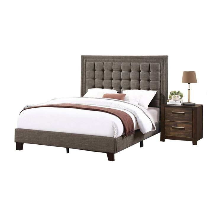 Zofi Modern Queen Size Bed, Deep Square Tufted Upholstery, Taupe Polyester - Benzara