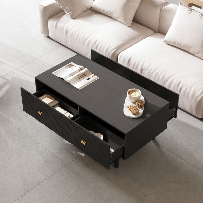FUFU&GAGA Black Modern Coffee Table with 4-Drawer Storage, Wood Grain Top, 3D Textured Drawers, Gold Tapered Pulls (47.2" W x 23.6" D x 20.5" H)
