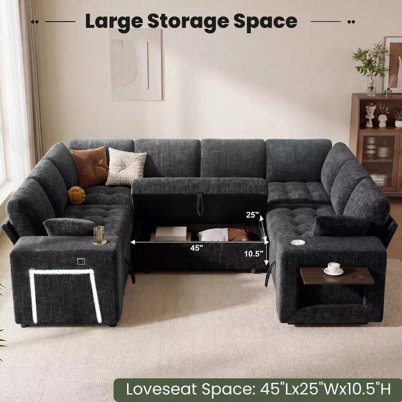 Vipbear 110" Modular Sectional Sleeper Sofa, 8-Seater Chenille U-Shaped Couch with Pull-Out Beds image number 5