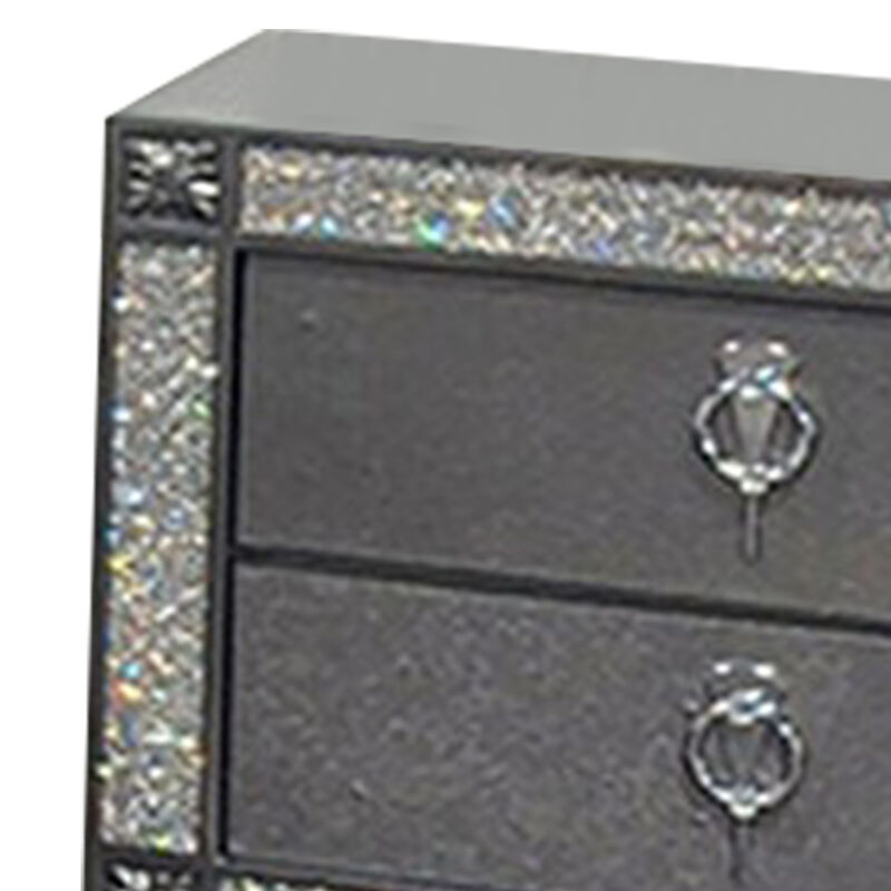 Laine Nightstand, 2 Drawers, Crystal Like Acrylic Trim, Gray Solid Wood - Benzara