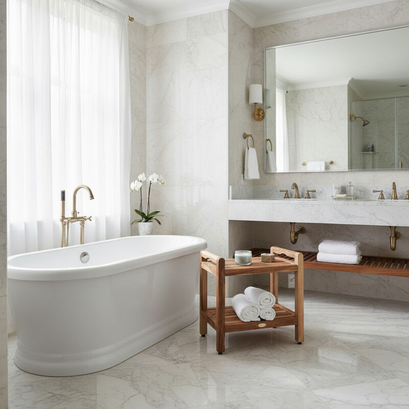 EcoDecors Eleganto EarthyTeak 20" Teak Bench, Shelf, LiftAide Arms