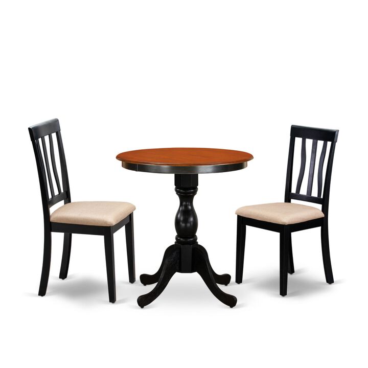 East West Furniture East West Furniture ESAN3-BCH-C 3-Piece Mid Century Dining Set Include a Kitchen Table and 2 Linen Fabric Mid Century Chairs with Slatted Back - Black Finish