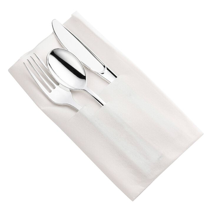 Silver Plastic Cutlery in White Pocket Napkin Set (70 Sets)