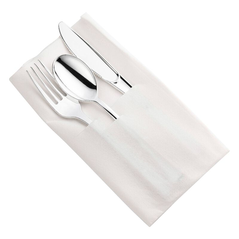 Silver Plastic Cutlery in White Pocket Napkin Set (70 Sets) image number 0