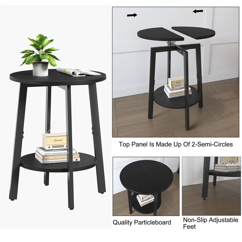 sthmec Side Table, Small Round End Table with Storage Shelf for Small Space, 2-Tier Small Black Bedside Table Sofa Couch Table,