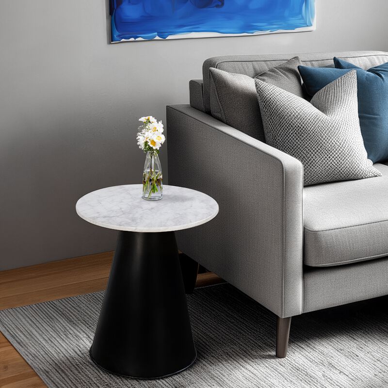 Riko Side End Table, White Natural Marble 18 Inch Round Top, Modern Black Pedestal Base