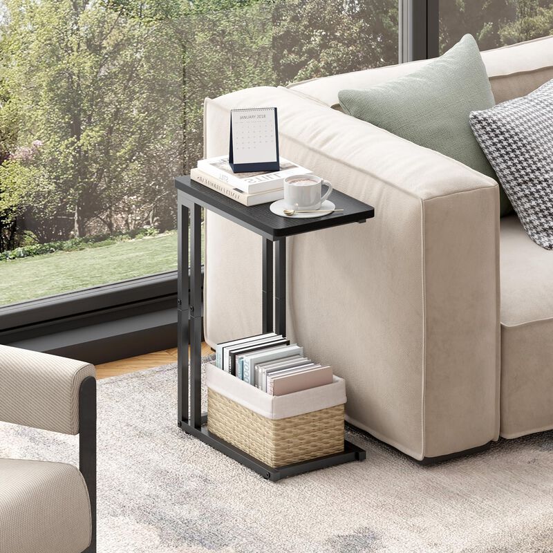 Yusong C Shaped End Table, Couch Side Table That Slide Under Sofa Bed, Small Table for Small Spaces, Skinny Overbed Table, Coffe
