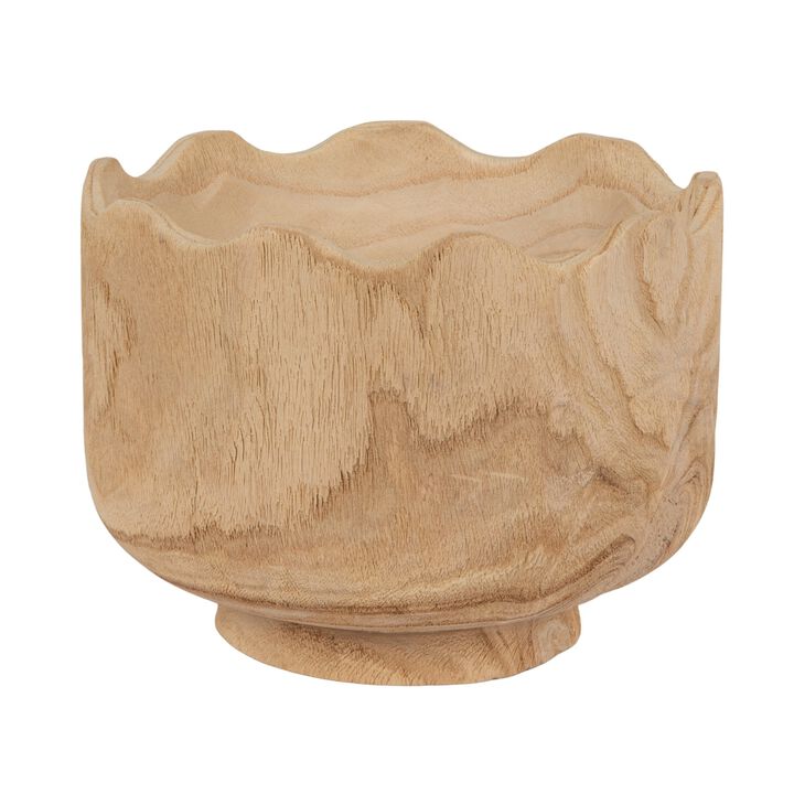 Tall Scalloped Edge Paulownia Wood Decorative Bowl, Natural Finish