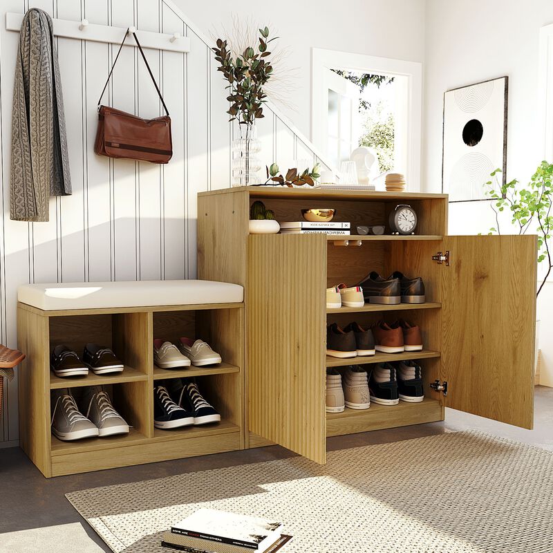 Shoe Bench, 2 Doors and 3-Tier Adjustable Shelves image number 2