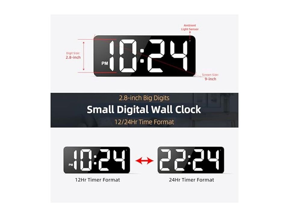 LED Digital Display Digits Auto Dimming Wall Clock Silent White Farmhouse