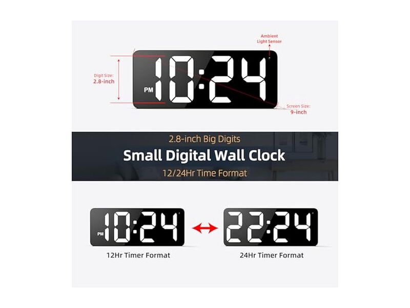 LED Digital Display Digits Auto Dimming Wall Clock Silent White Farmhouse image number 1