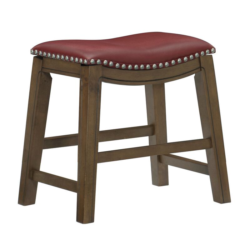 Miel 20 Inch Dining Stool, Red Faux Leather, Brown Solid Wood, Nailheads