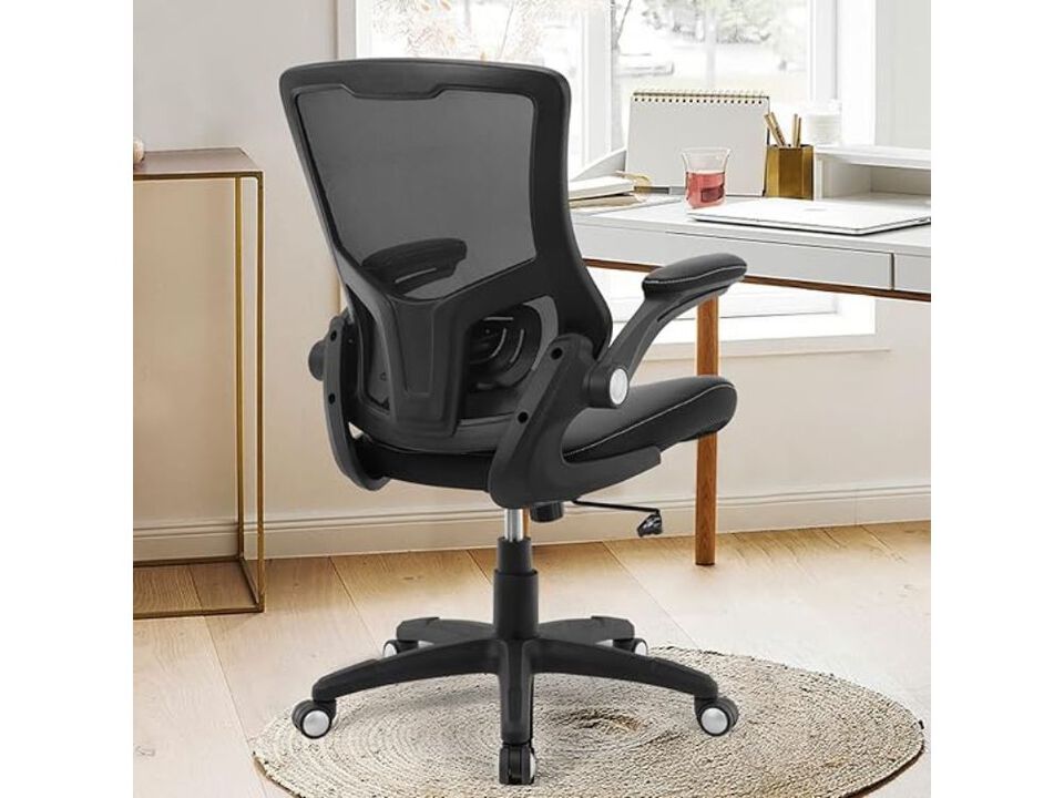 Office Chair &ndash; Black PU Leather Ergonomic Mesh Seat with Lumbar & Flip‑Up Arms