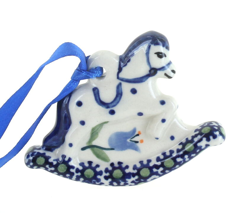 Blue Rose Polish Pottery Red Daisy Rocking Horse Ornament