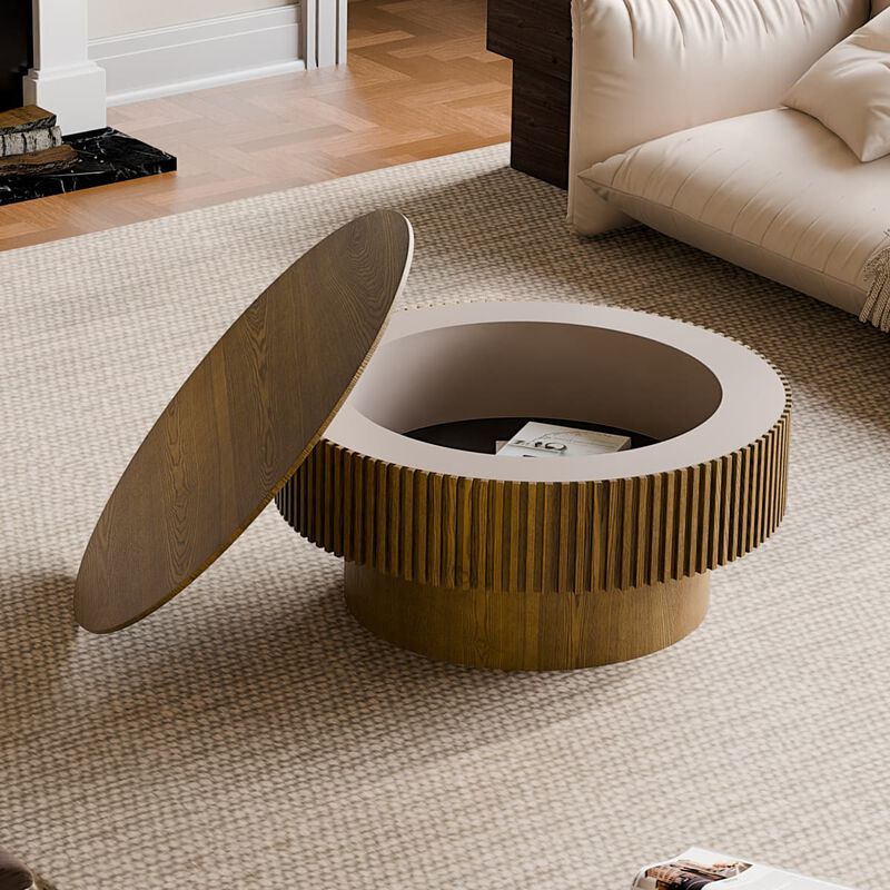 Round coffee table with storage Solid wood veneer and MDF coffee table with fluted base Modern accent coffee table for small spaces image number 3