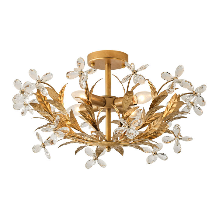 23.6" 4-Light Modern Antique Gold Leaf Shaped Crystal Flower Semi-Flush Mount Ceiling Light for Bedroom or Etryway