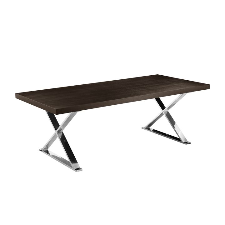 Rix 87 Inch Dining Table, Espresso Brown Wood Top, X Chrome Steel Legs