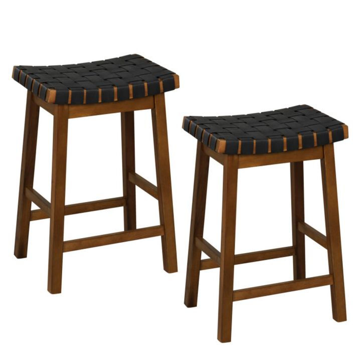 Hivvago Faux PU Leather Bar Height Stools Set of 2 with Woven Curved Seat