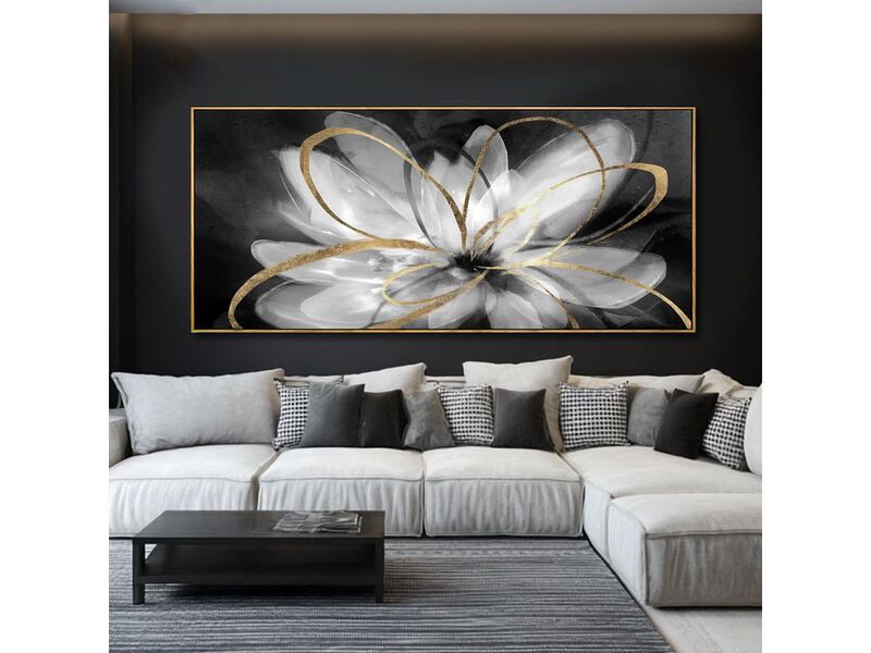 Gold Line Floral Wall Art Black and White Canvas Large 32"x70" Decor image number 1