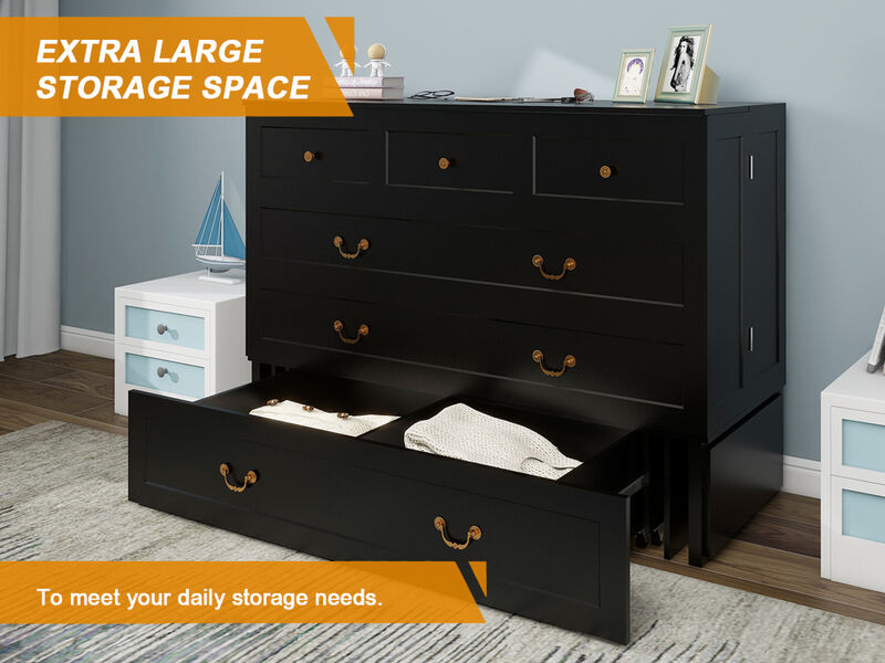 Queen Murphy Bed, Murphy Bed with Drawer Includes Storage Cabinet,USB and Charging Port,Black