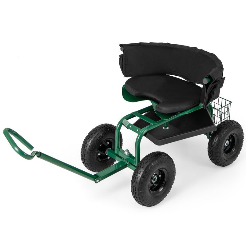 Cushioned Rolling Garden Cart Scooter with Storage Basket and Tool Pouch