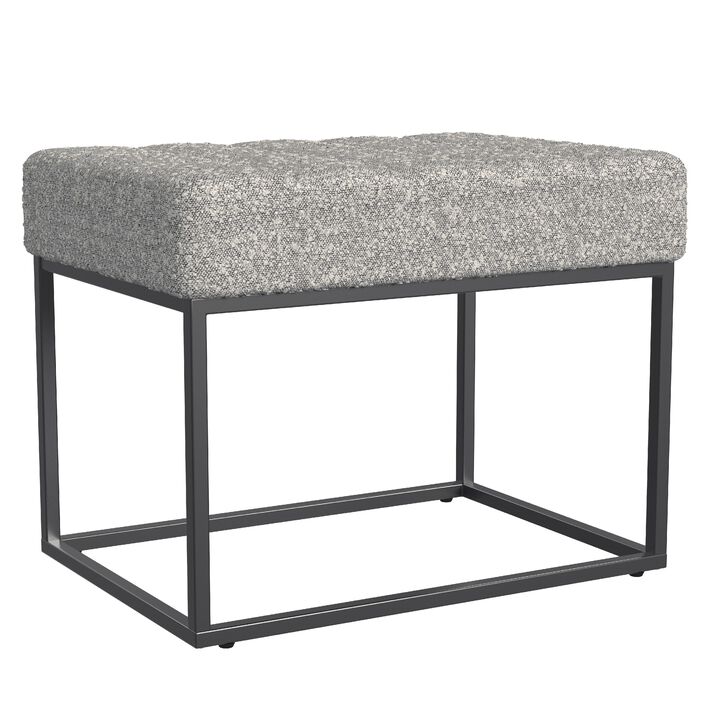 Kai Ottoman Footstool, Heather Gray Yarn Cream Boucle, Black, 22 Inch - Benzara