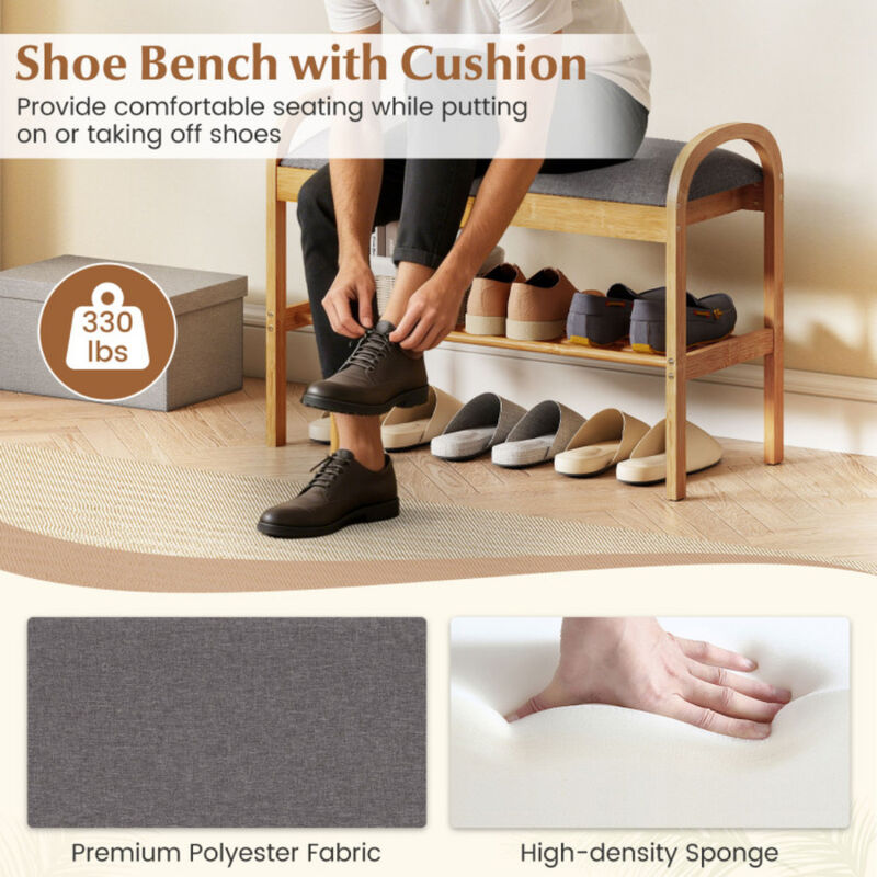 Entryway Wicker Shoe Bench with 2-Tier Storage and Soft Cushion-Natural image number 6