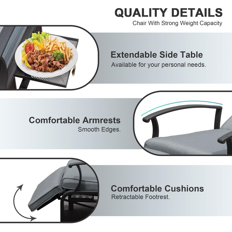 Mondawe Adjustable Patio Recliner Chair Metal Outdoor Lounge Chair with Flip Table Push Back, Adjustable Angle, With Removable Cushions