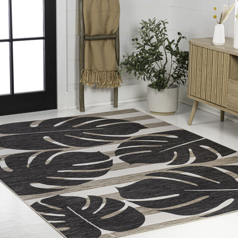 Allison Classic Beach Stripe and Monstera Leaf Indoor/Outdoor Area Rug