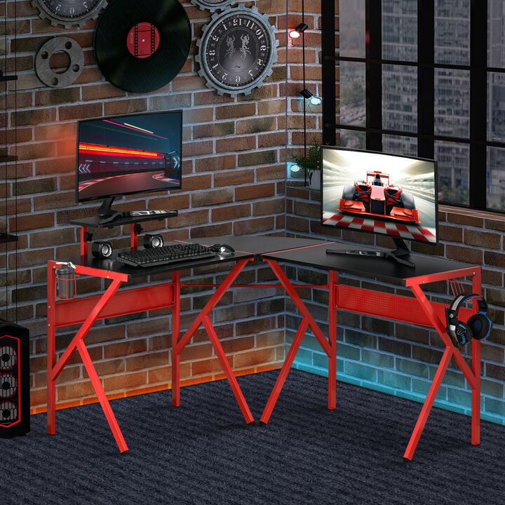 L-Shaped Gaming Desk, Corner Computer Desk with Carbon Fiber Desktop, Adjustable Monitor Stand, Cup Holder, Headphone Hook, Red/Black