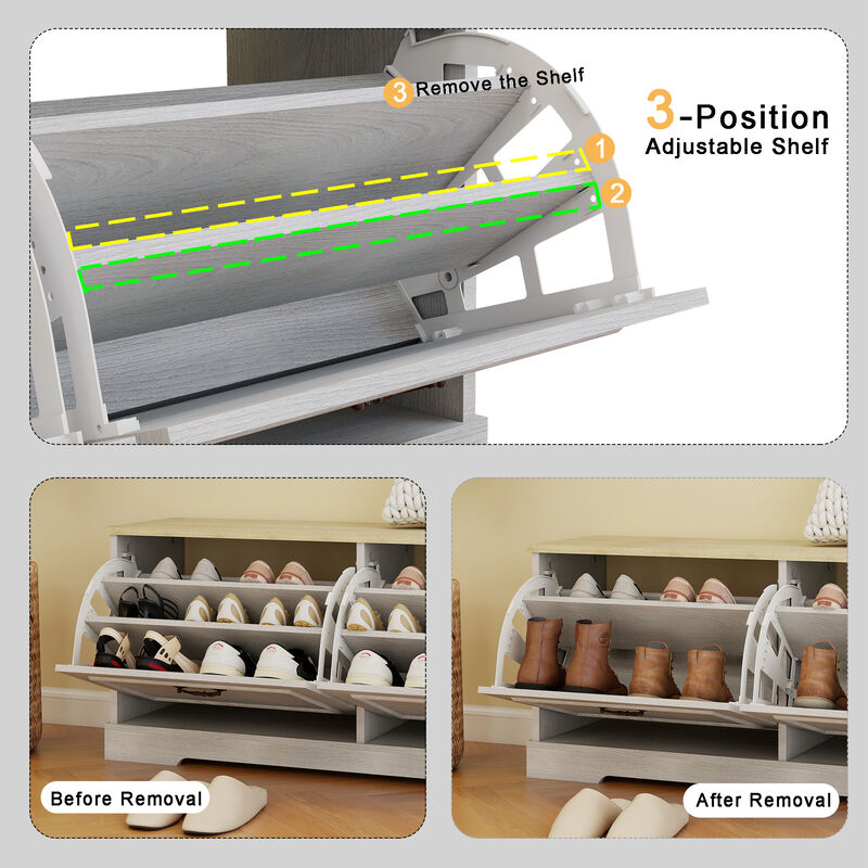 17.71 in. H x 41.33 in. W Antique White Shoe Cabinet with 2 Flip Drawers and Adjustable Shelf