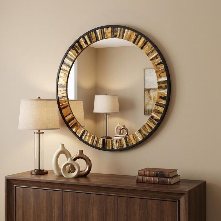 HomeRoots 32" Brown and Black Faux Stone Round Framed Accent Mirror