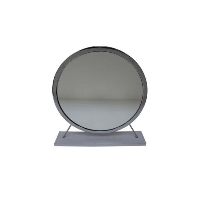 HomeRoots 19" Gray Metal Round Freestanding Ornate Framed Makeup Shaving Tabletop Mirror