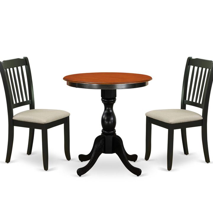 East West Furniture 3-Piece Dining Table Set Include a Wood Table and 2 Linen Fabric Kitchen Chairs with Ladder Back - Black Finish