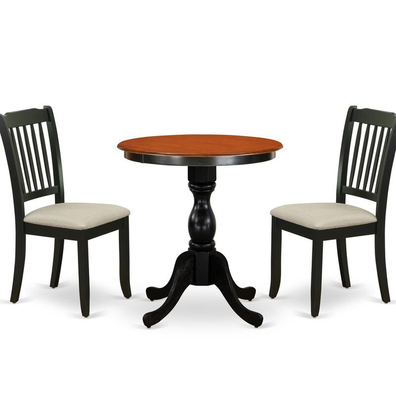 East West Furniture 3-Piece Dining Table Set Include a Wood Table and 2 Linen Fabric Kitchen Chairs with Ladder Back - Black Finish