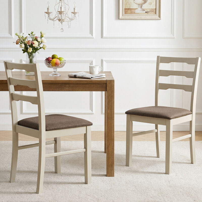 Set of 2 Wooden Frame Dining Chairs with Linen Style Upholstery for Home Dining Area-White image number 3