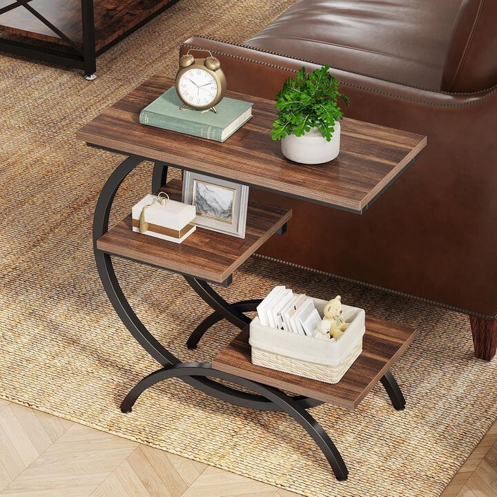 Tribesigns C-Shaped End Table, Industrial 3-Tier Side Table for Small Spaces, Slim Sofa Side Table for Living Room, C Table Snack Laptop Table, Narrow Nightstand for Bedroom, 150 lb Capacity