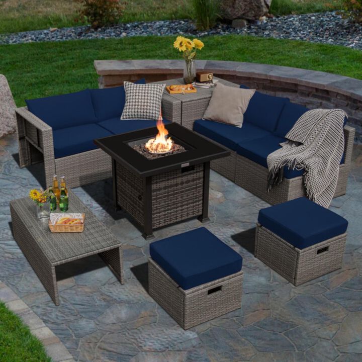 Hivvago 9 Pieces Outdoor Patio Furniture Set with 32-Inch Propane Fire Pit Table