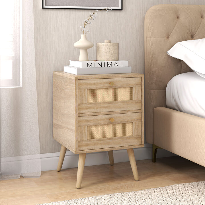 Rattan Nightstand Accent Bedside Table with 2 Storage Drawers
