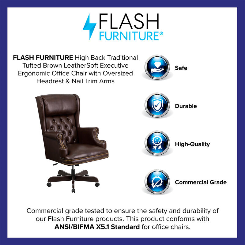 Ainslie High Back Traditional Tufted Brown LeatherSoft Executive Ergonomic Office Chair with Oversized Headrest & Nail Trim Arms image number 7