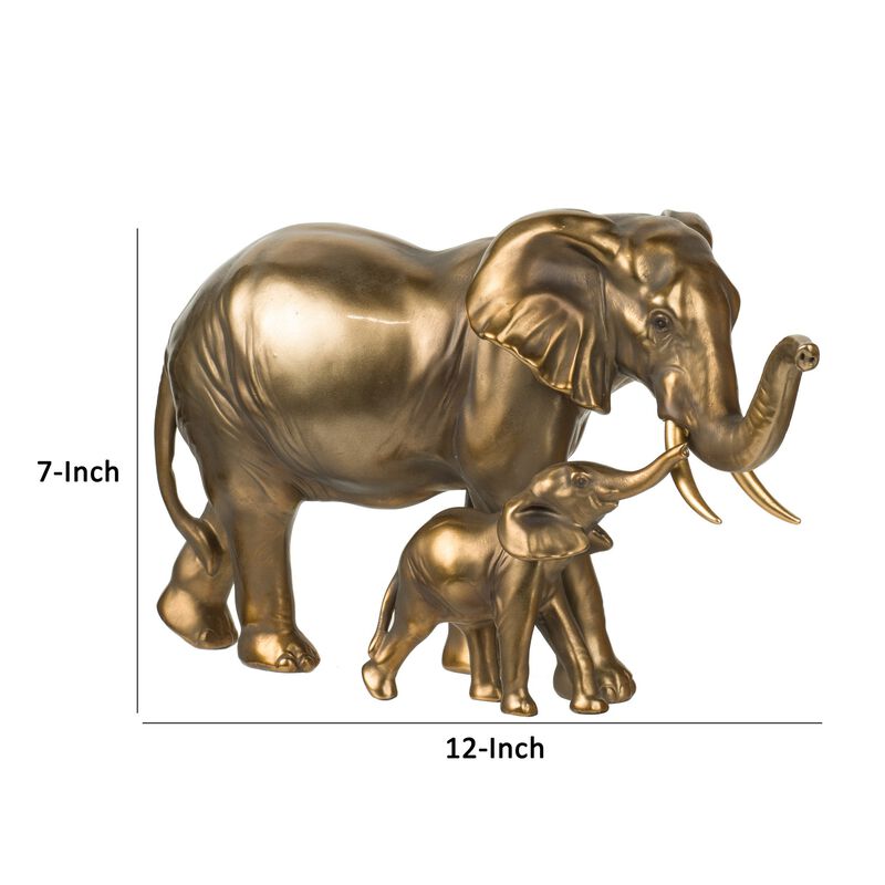 Don 12 Inch Elephant and Baby Statuette, Table Accent Decor, Gold Polyresin - Benzara