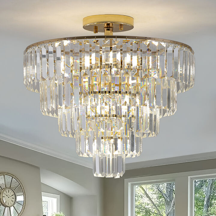 Gold Crystal Chandeliers,5-Tier Round Semi Flush Mount Chandelier Light Fixture, Large Contemporary Luxury Ceiling Lighting for Living Room Dining Room Bedroom Hallway