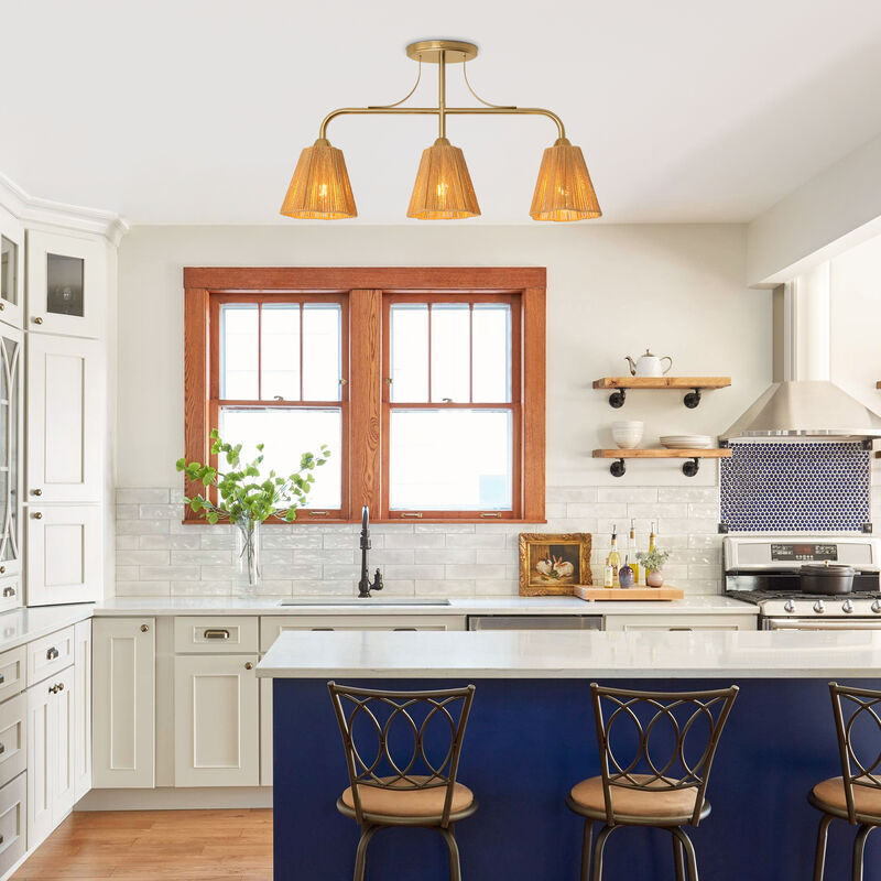 29.9" 3-Light Vintage Plated Brass LED Flush Mount Ceiling Light with Hemp Paper Rope Shade