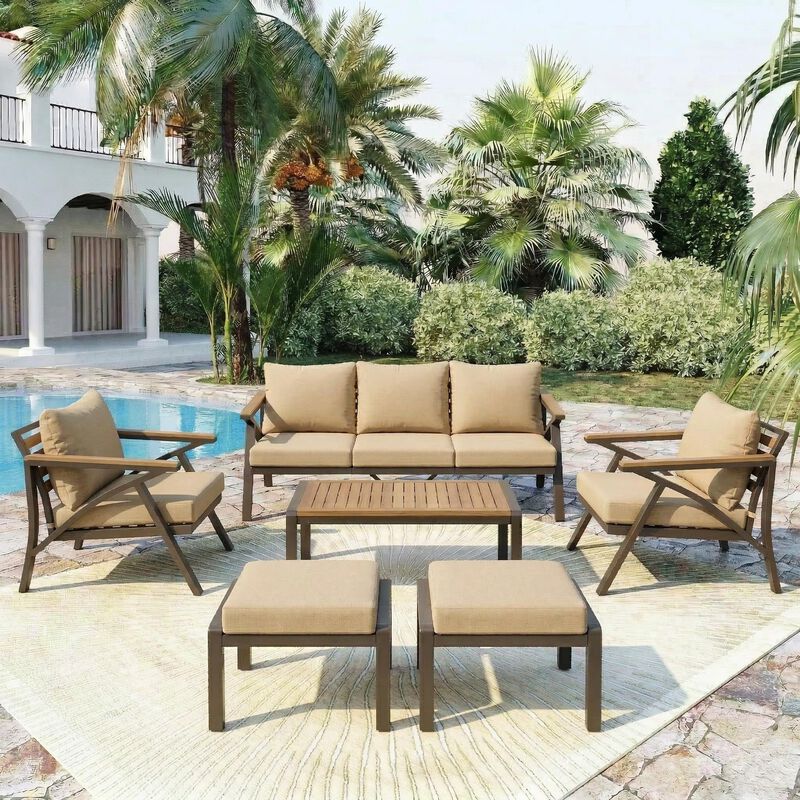 Merax 6-Piece Patio Conversation Set with Acacia Wood, Steel Frame & Removable Cushions image number 1