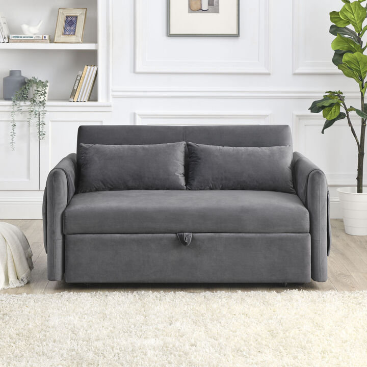 55" Modern Convertible Sofa Bed with 2 Detachable Arm Pockets, Velvet Loveseat Sofa with Pull Out Bed, 2 Pillows and Living Room Adjustable Backrest, Grid Design Armrests