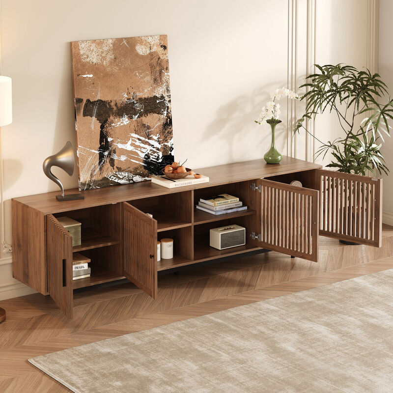 Merax Entertainment Center with Textured Slatted Doors, Hidden Storage, Cable Management image number 3