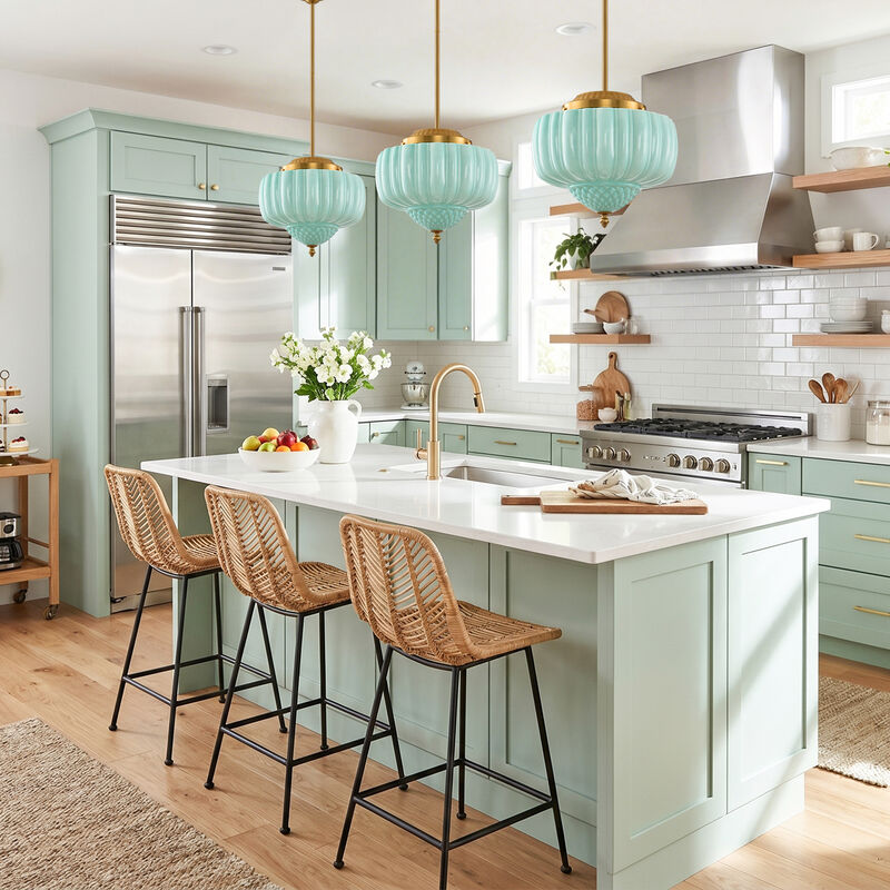 13" Schoolhouse Gold Pendant Light with Mint Green Milk Glass Shade and Adjustable Rod for Bedroom, Living Room or Dining Room image number 2