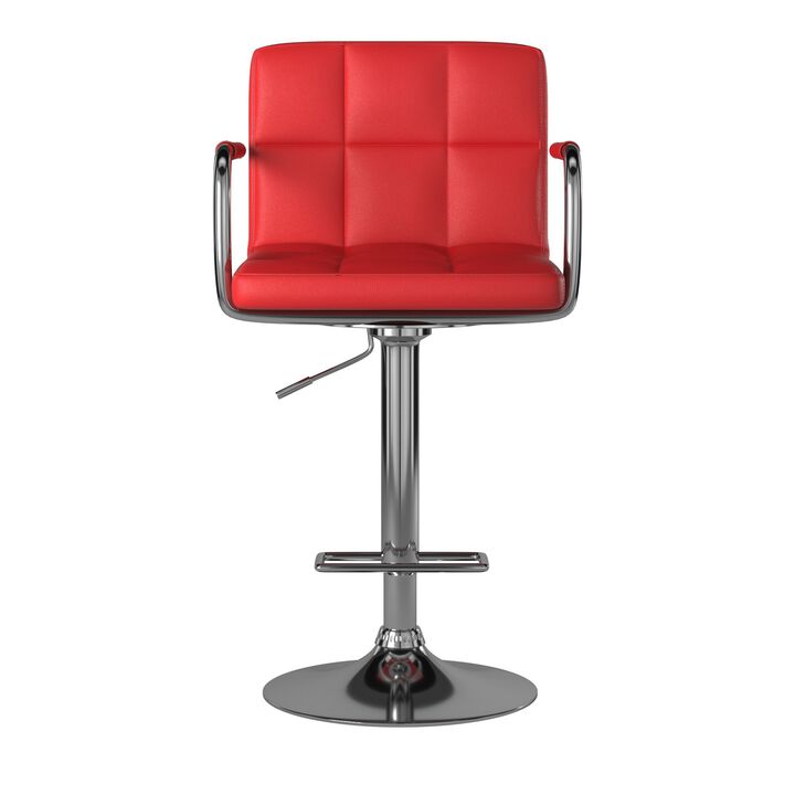Leatherette Swivel Barstool with Square Stitched Details, Red and Silver-Benzara