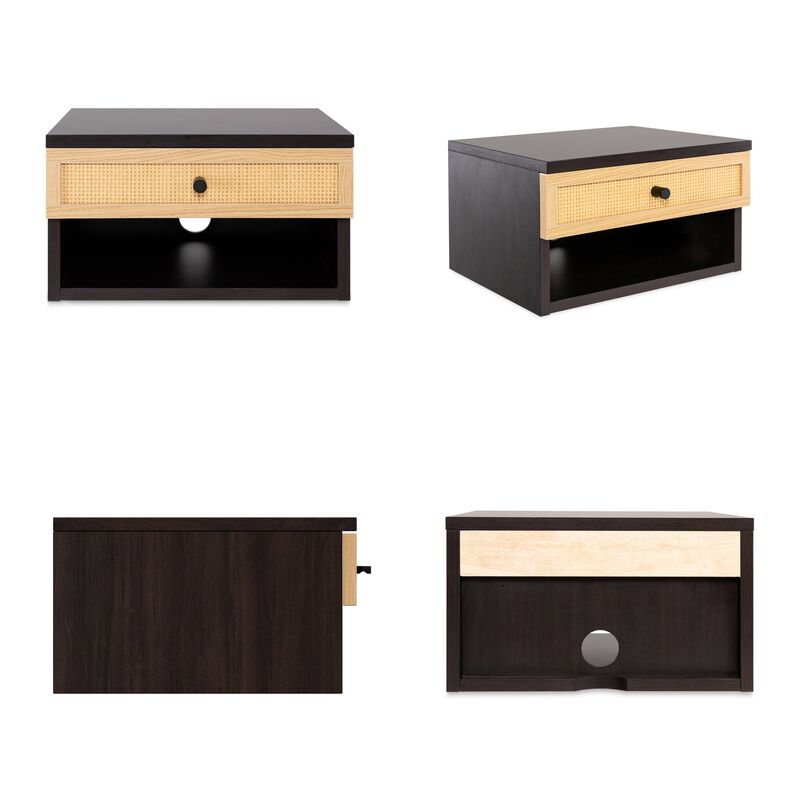 Celerie Mid-Century Modern Floating Wall Mounted Nightstand with Soft-Close Rattan Drawer and Cable Hole