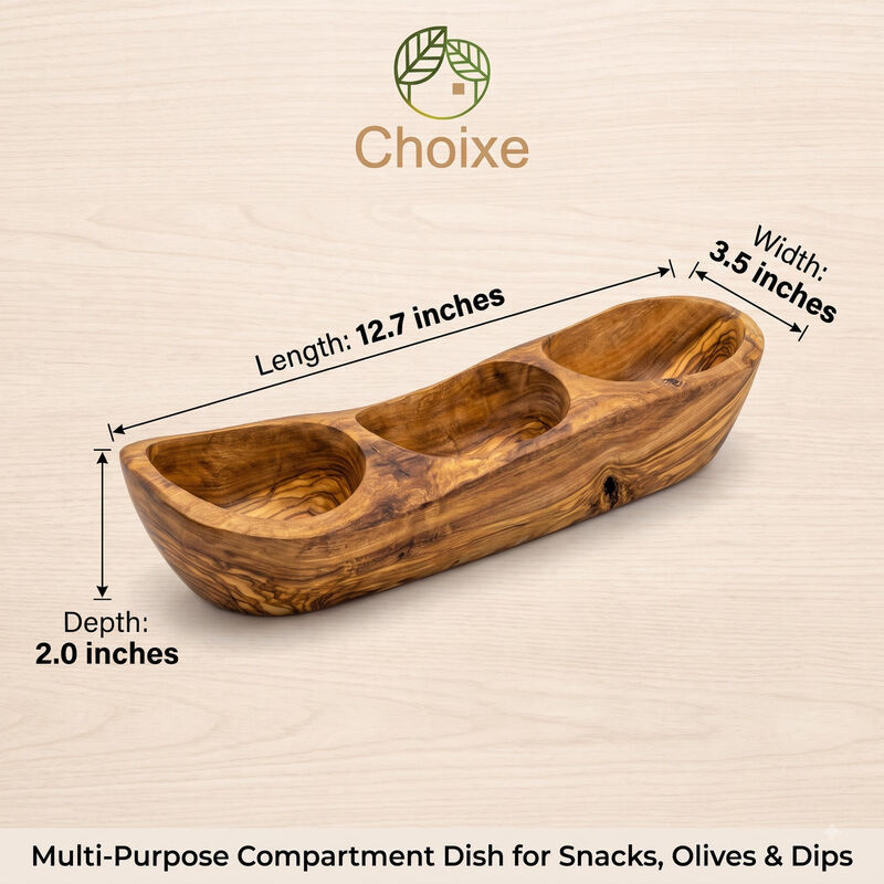 Olive Wood 3-Compartment Serving Tray&ndash;Elongated Centerpiece Dish for Snacks, Olives & Dips image number 2